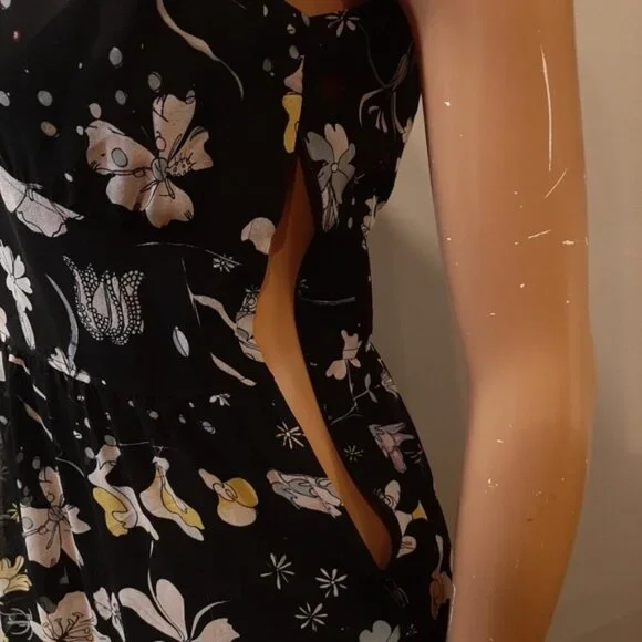 H&M Conscious Floral Maxi Dress Womens Size 8 Black Long Sleeveless Low Vneck - Picture 5 of 13